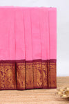 Pink plain chettinad cotton saree with contrast zari border and striped pallu