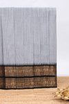 Grey plain chettinad cotton saree with contrast zari bentex border and matching blouse