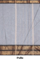 Grey plain chettinad cotton saree with contrast zari bentex border and matching blouse