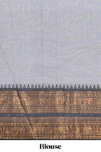 Grey plain chettinad cotton saree with contrast zari bentex border and matching blouse
