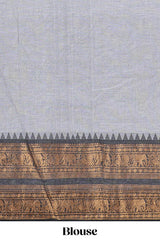 Grey plain chettinad cotton saree with contrast zari bentex border and matching blouse