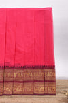 Pink plain chettinad cotton saree with contrast bentex zari border and matching blouse
