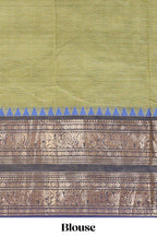 Olive green plain chettinad cotton saree with contrast bentex zari border and matching blouse