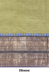 Olive green plain chettinad cotton saree with contrast bentex zari border and matching blouse