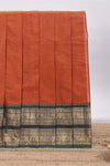 Rust red plain chettinad cotton saree with contrast bentex zari border and matching blouse