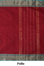 Red plain chettinad cotton saree with contrast bentex zari border and matching blouse