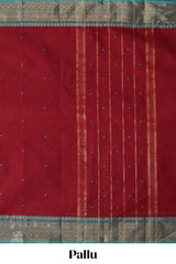 Red plain chettinad cotton saree with contrast bentex zari border and matching blouse