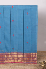 Blue floral motifs design chettinad cotton saree with contrast zari border and matching blouse