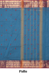 Blue floral motifs design chettinad cotton saree with contrast zari border and matching blouse