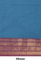 Blue floral motifs design chettinad cotton saree with contrast zari border and matching blouse