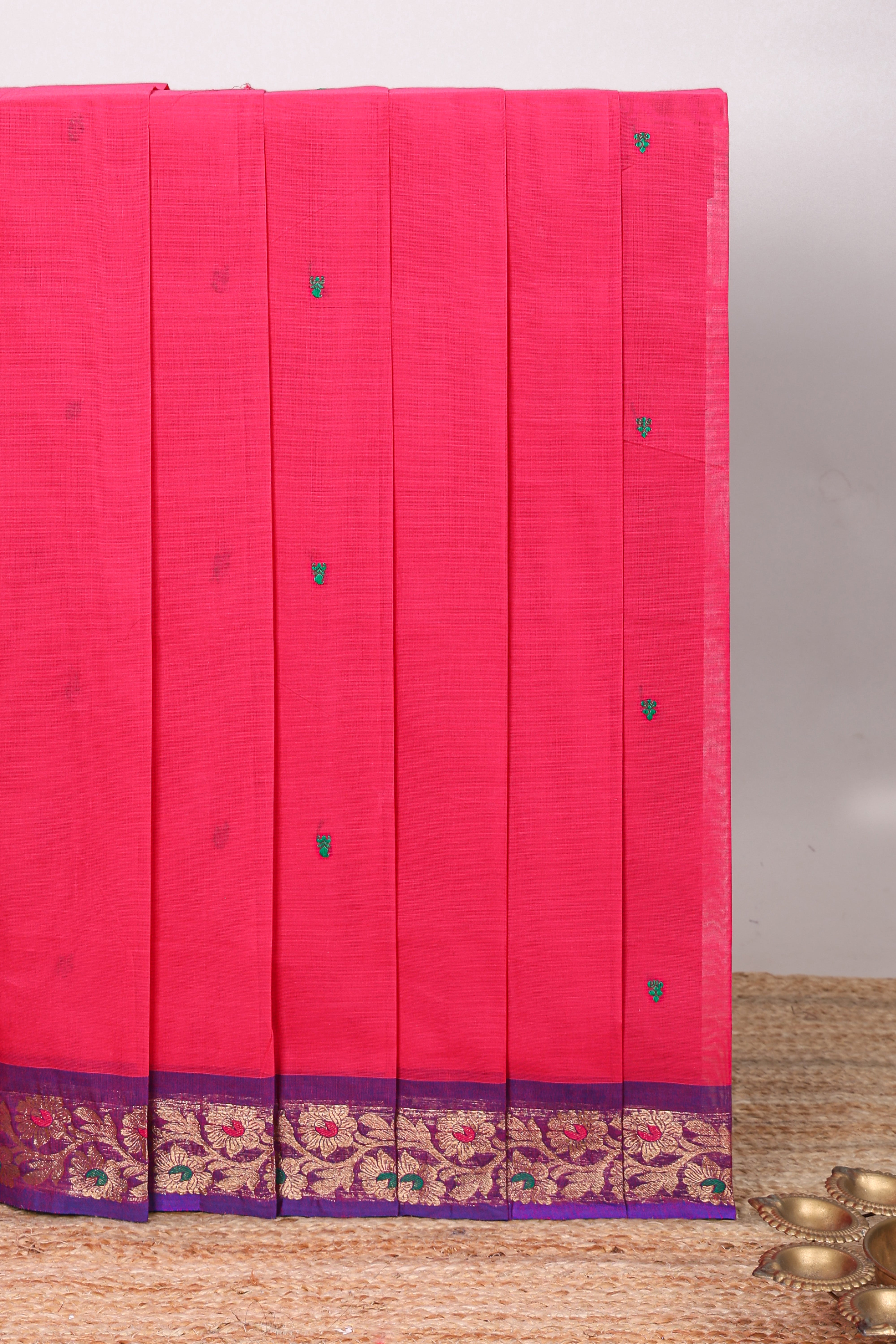 Pink motifs design chettinad cotton saree with contrast floral zari border and matching blouse