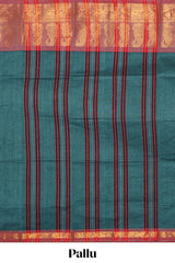 Midnight green plain chettinad cotton saree with contrast zari border and matching blouse