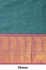 Midnight green plain chettinad cotton saree with contrast zari border and matching blouse