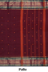 Maroon floral motifs chettinad cotton saree with contrast zari border and matching blouse