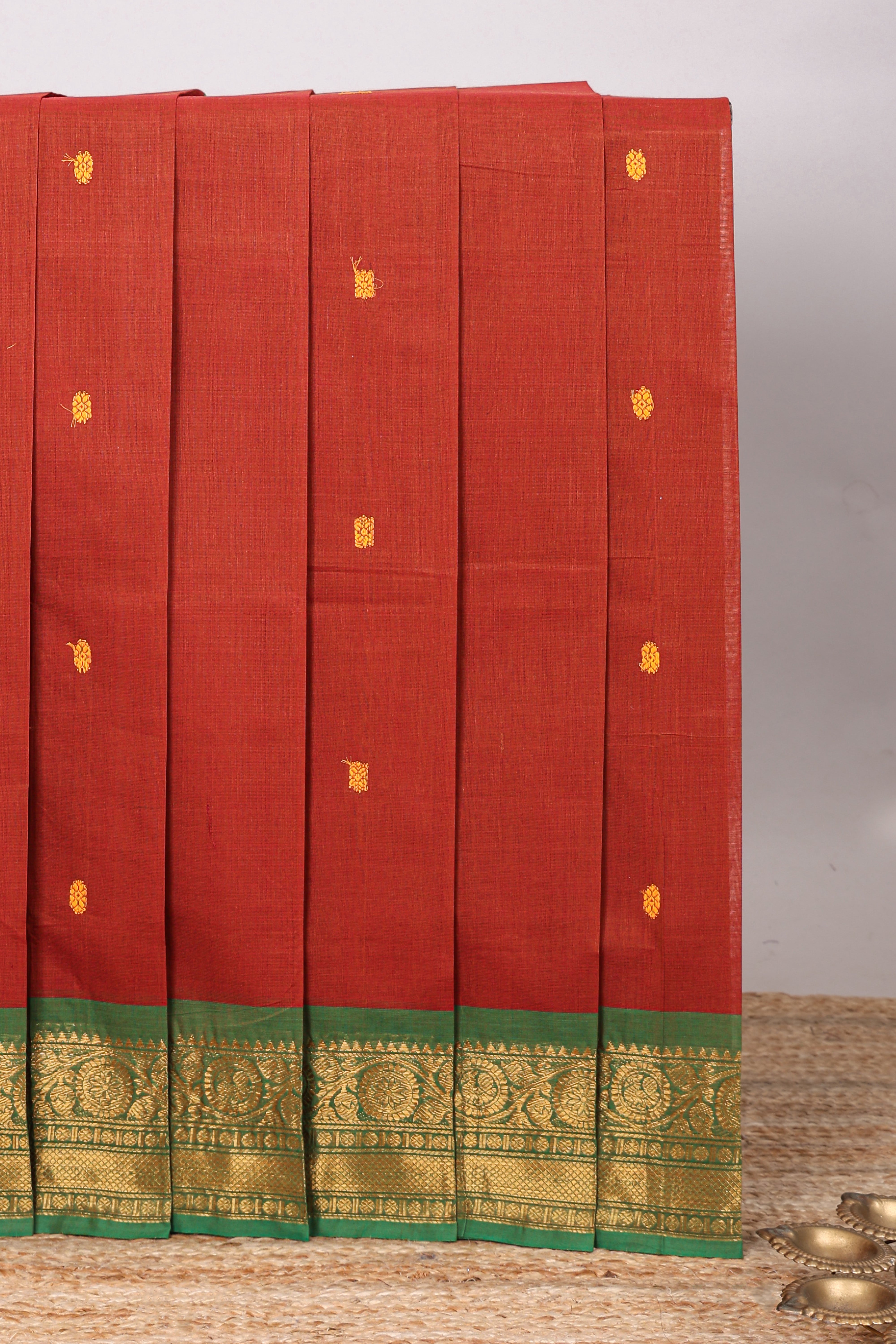 Orange butta chettinad cotton saree with contrast zari border and matching blouse