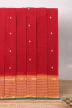 Red floral motifs design chettinad cotton saree with contrast zari border and matching blouse