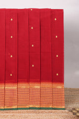 Red floral motifs design chettinad cotton saree with contrast zari border and matching blouse