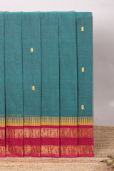 Midnight green motifs design chettinad cotton saree with contrast bentex border and matching blouse