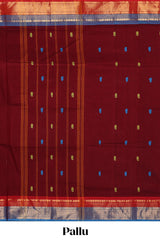 Maroon motifs design chettinad cotton saree with contrast border and matching blouse