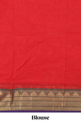Red motifs design chettinad cotton saree with contrast border and matching blouse