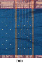 Blue motifs design chettinad cotton saree with contrast border and matching blouse