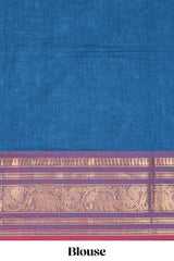 Blue motifs design chettinad cotton saree with contrast border and matching blouse