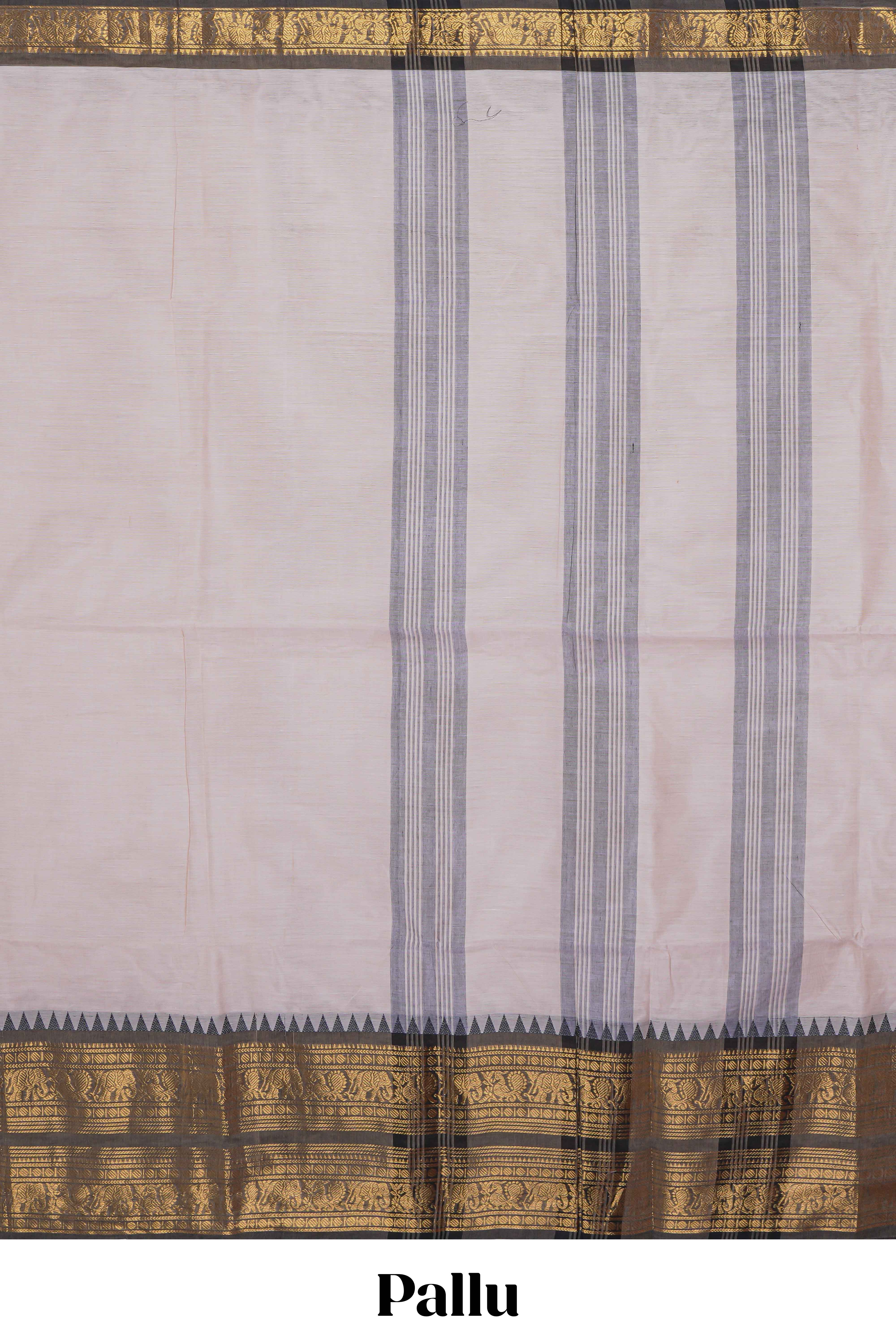 Grey plain chettinad cotton saree with contrast zari border and matching blouse