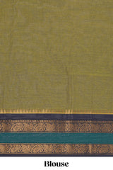 Green plain chettinad cotton saree with contrast zari border and matching blouse