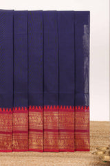 Navy blue plain chettinad cotton saree with contrast bentex border and matching pallu