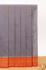 Dusty blue plain design chettinad cotton saree with contrast border and matching blouse
