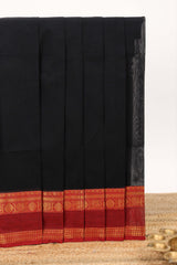 Black plain design chettinad cotton saree with contrast zari border and matching blouse