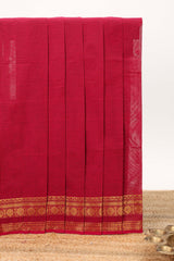 Red plain design chettinad cotton saree with self zari border and matching blouse