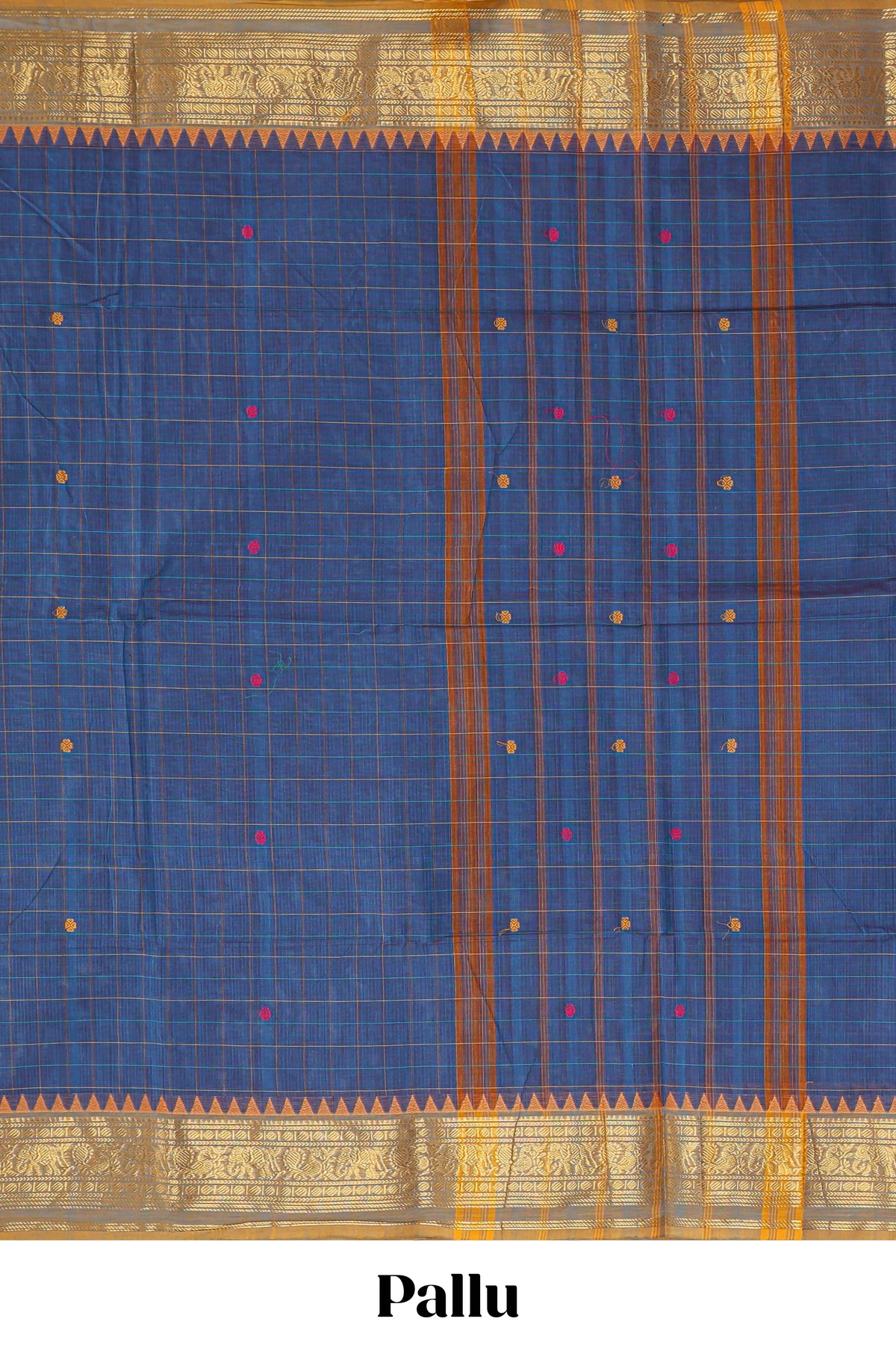 Blue checked motifs design chettinad cotton saree with contrast zari border and matching blouse