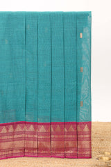 Teal green motifs design chettinad cotton saree with contrast zari border and matching blouse