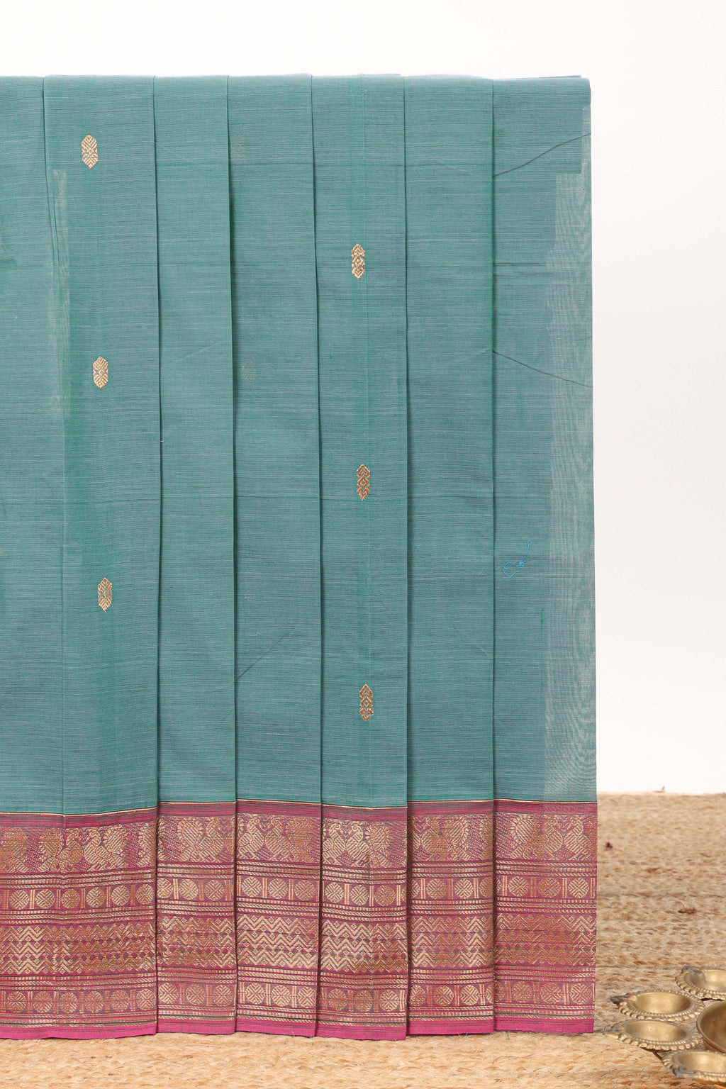 Viridian green motifs design chettinad cotton saree with contrast zari border and matching blouse