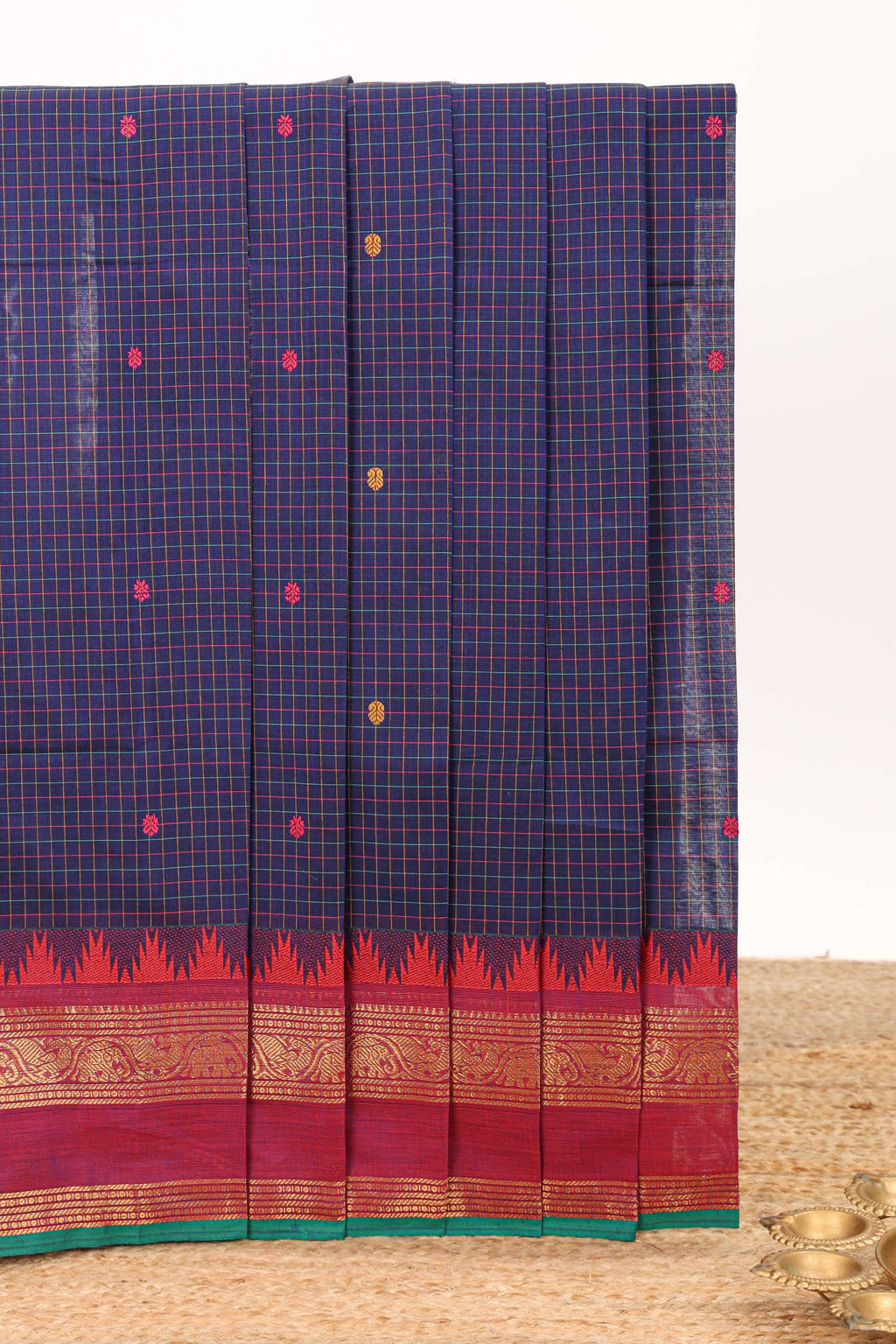 Violet checked motifs design chettinad cotton saree with contrast zari border and matching blouse