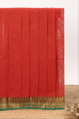 Red plain design chettinad cotton saree with contrast zari border and matching blouse