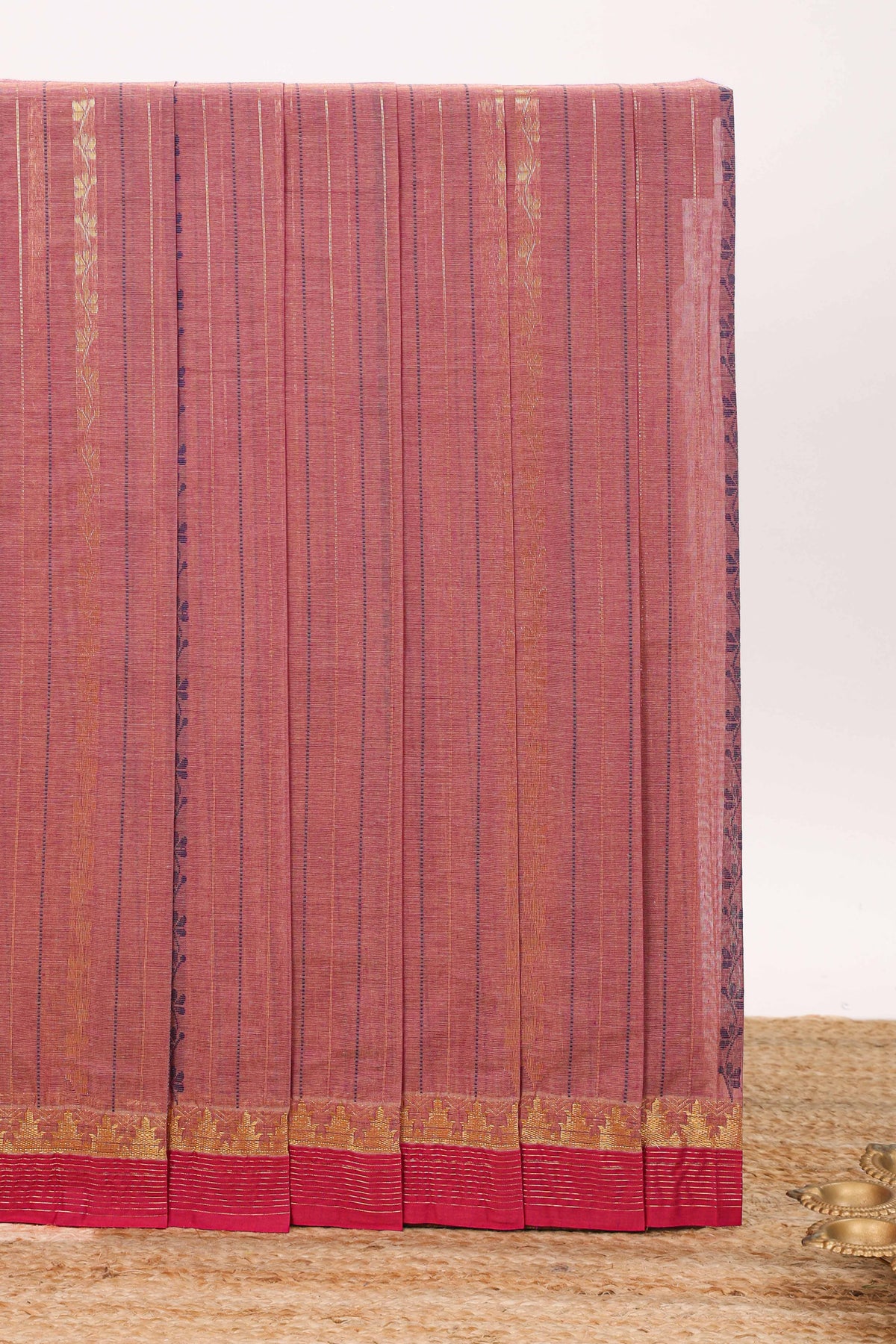 Pink striped design chettinad cotton saree with contrast border and matching blouse