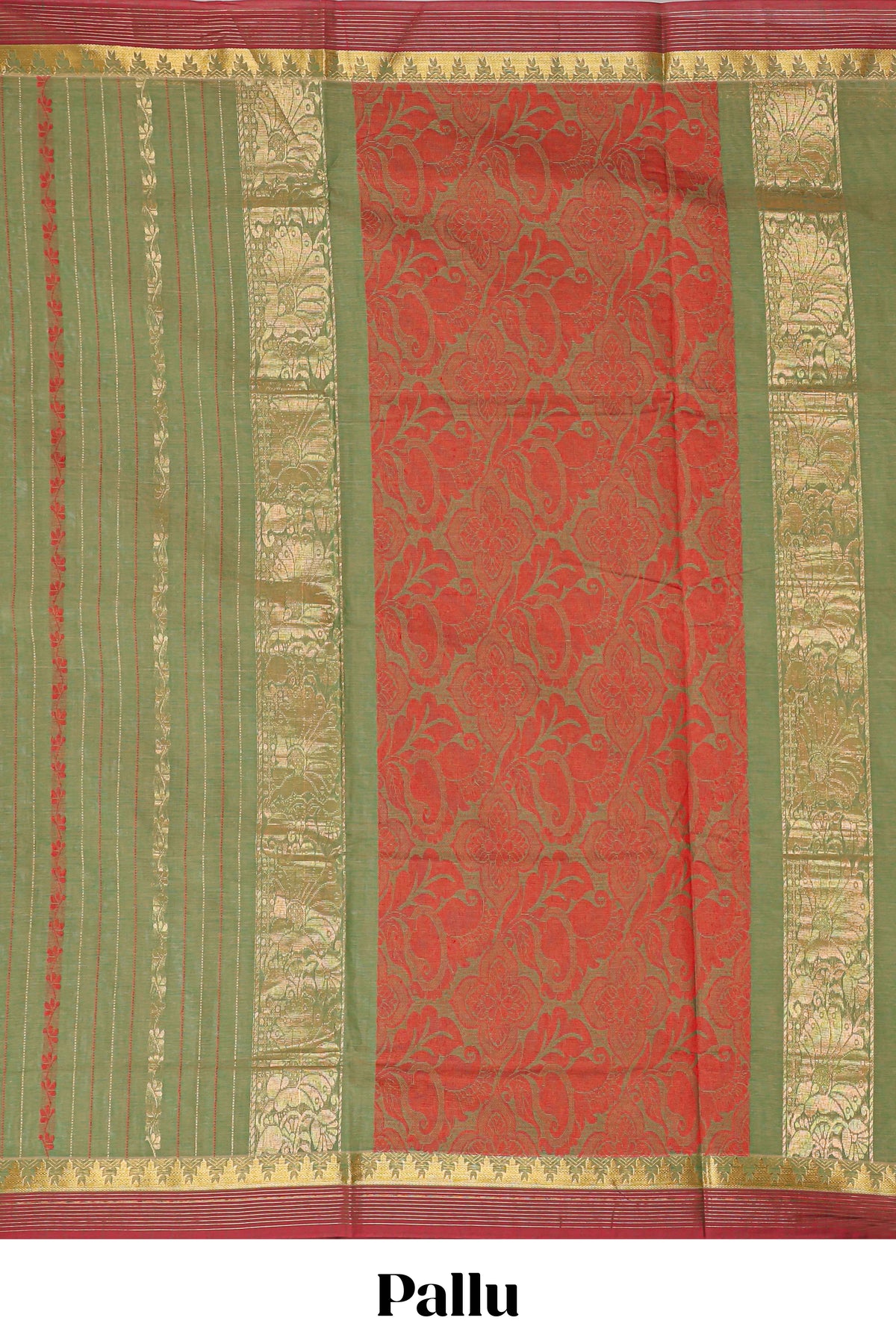 Olive green striped design chettinad cotton saree with contrast border and blouse