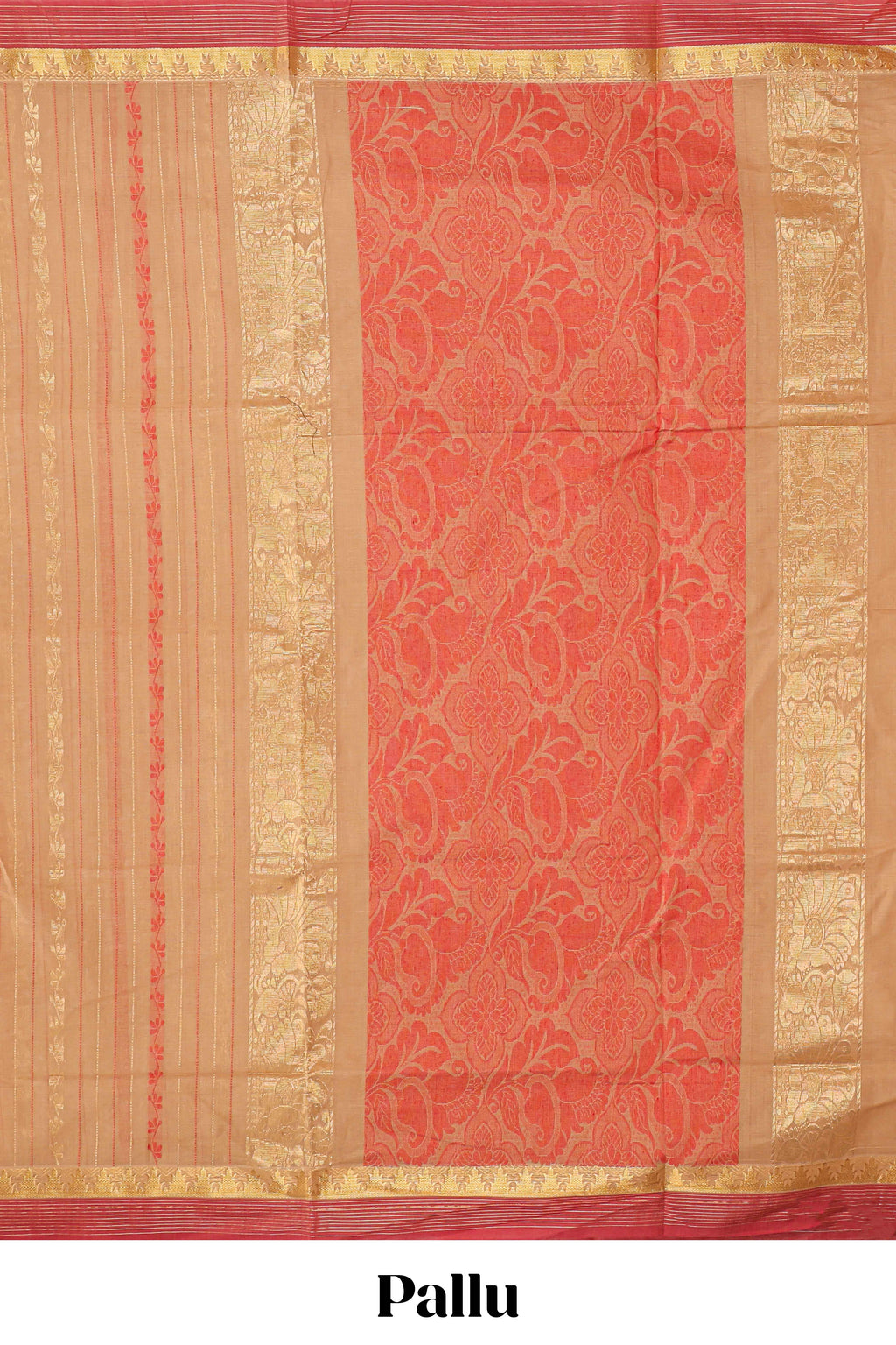 Beige striped floral design chettinad cotton saree with contrast border and matching blouse