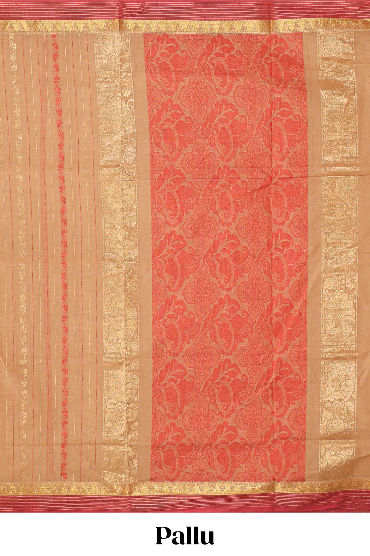 Beige striped floral design chettinad cotton saree with contrast border and matching blouse