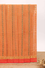 Orange striped floral design chettinad cotton saree with contrast border and matching blouse