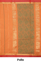 Orange striped floral design chettinad cotton saree with contrast border and matching blouse