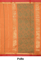 Orange striped floral design chettinad cotton saree with contrast border and matching blouse