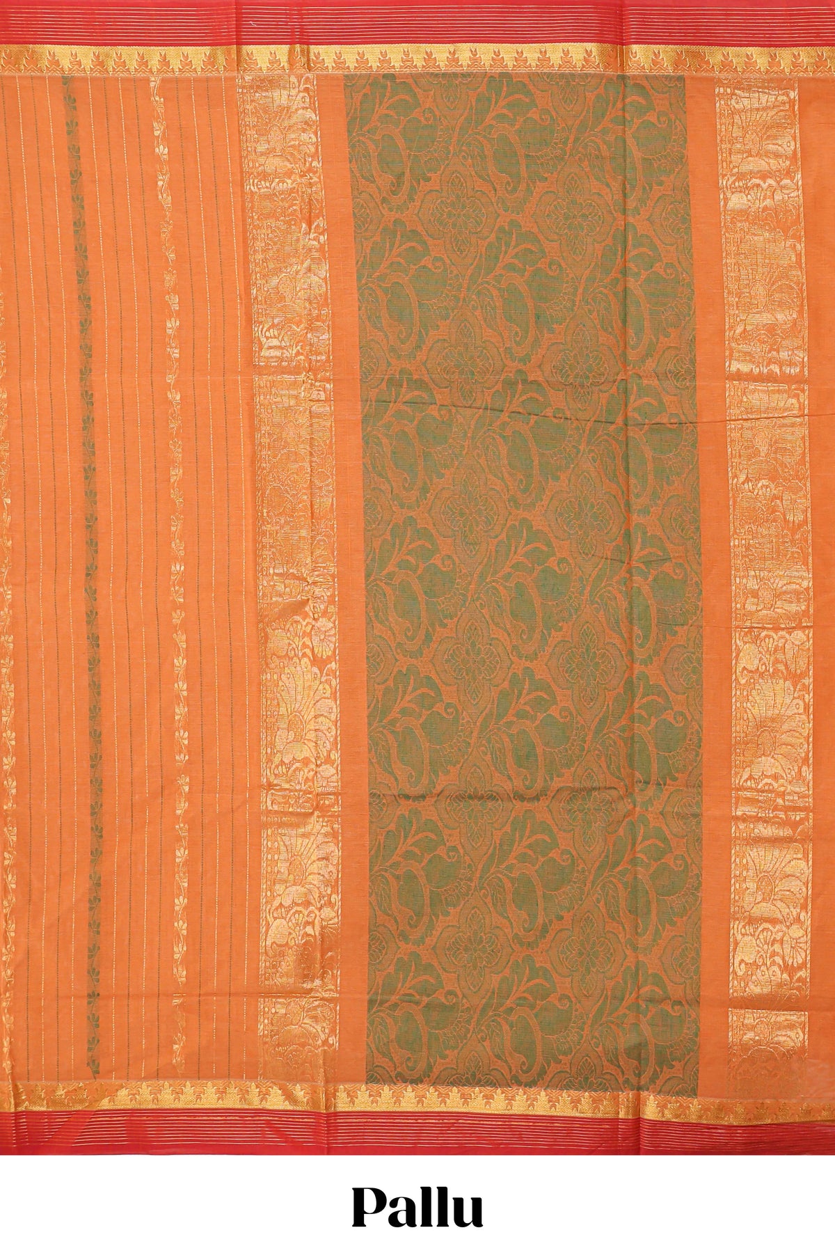 Orange striped floral design chettinad cotton saree with contrast border and matching blouse