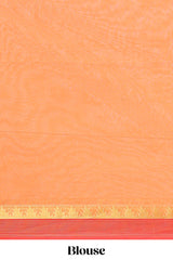 Orange striped floral design chettinad cotton saree with contrast border and matching blouse