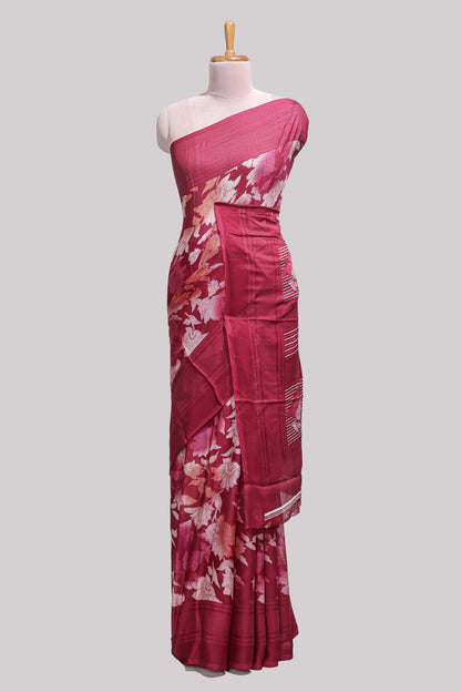 Maroon floral design chiffon saree with self border and matching blouse