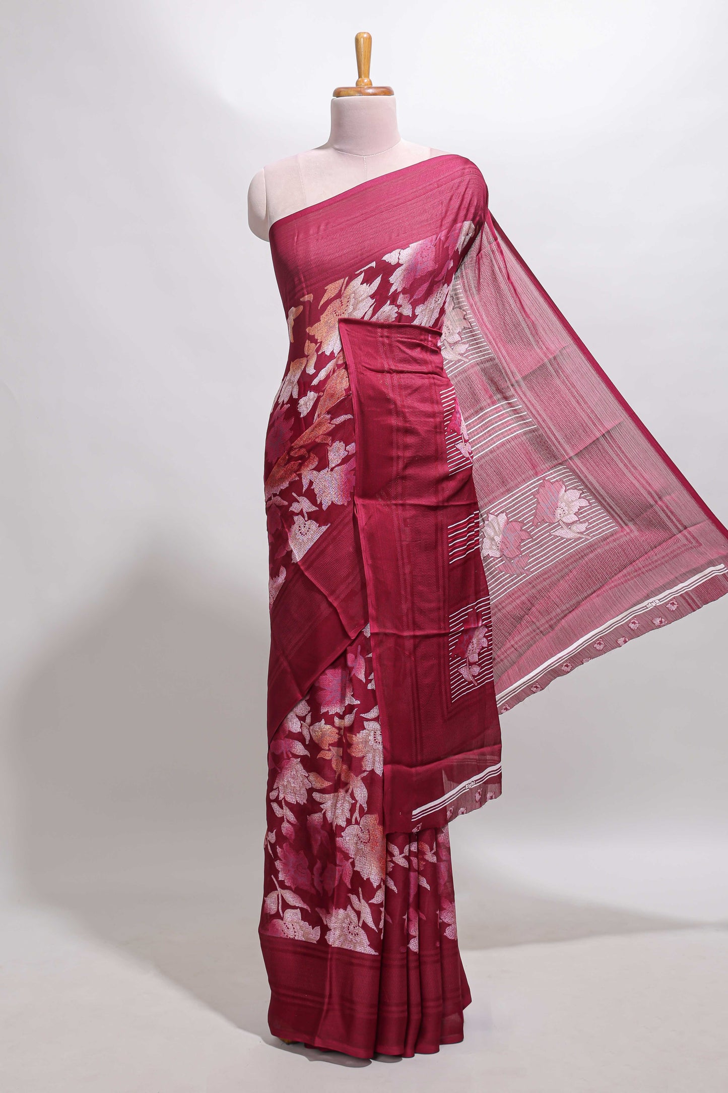 Maroon floral design chiffon saree with self border and matching blouse