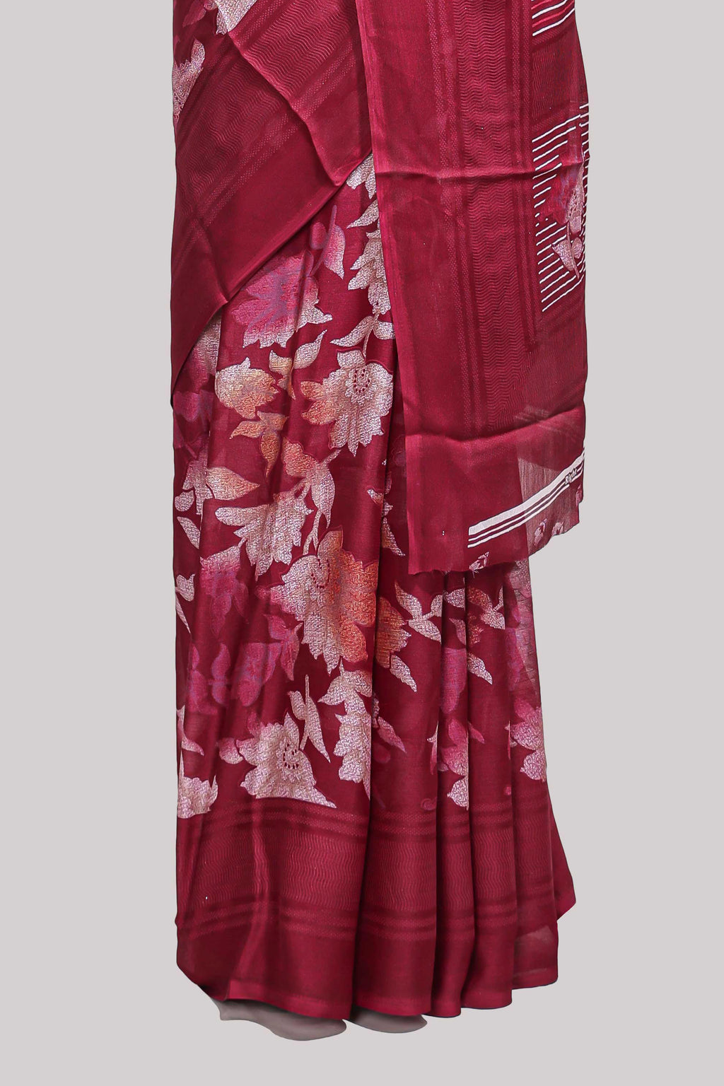 Maroon floral design chiffon saree with self border and matching blouse