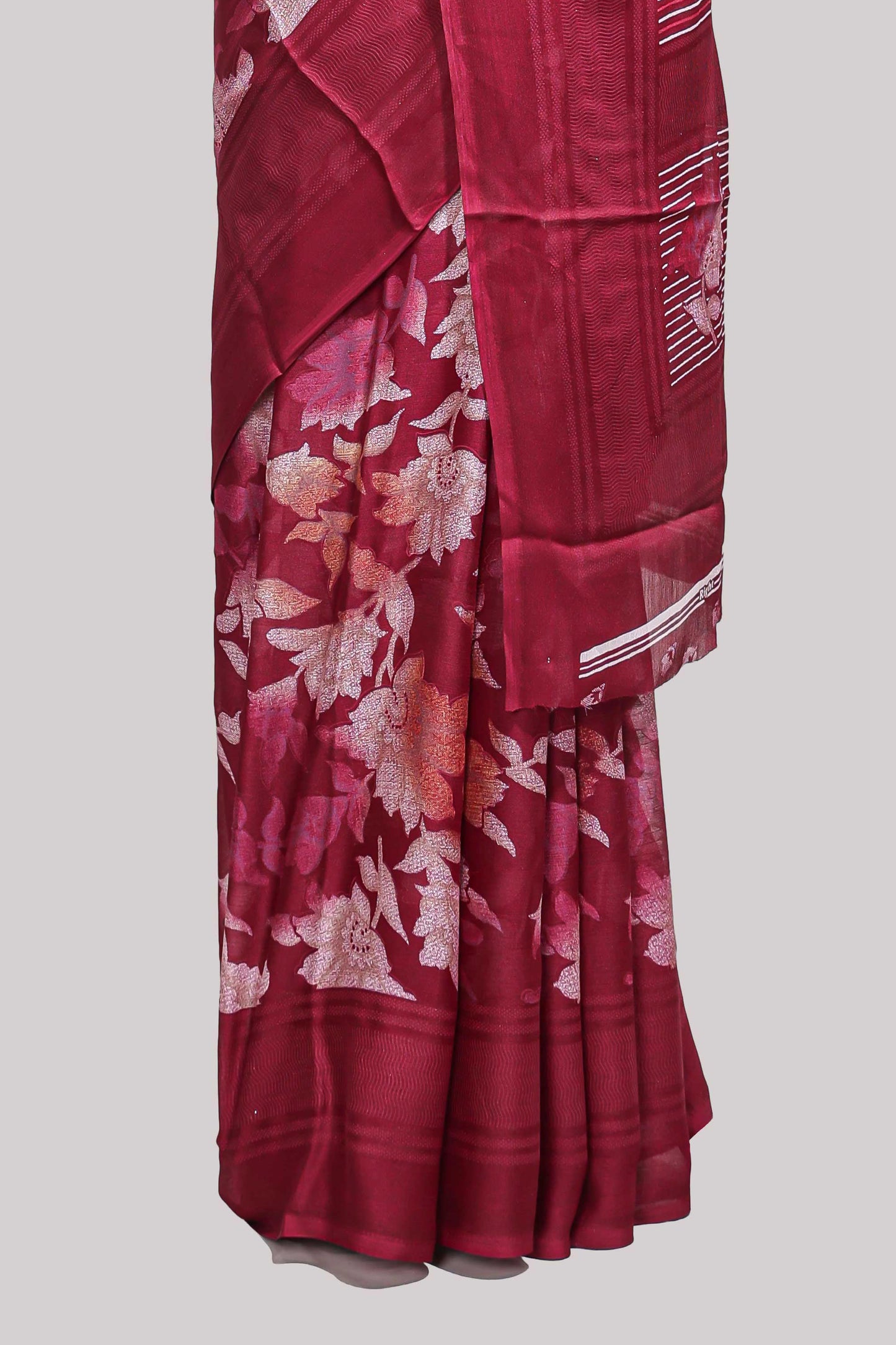 Maroon floral design chiffon saree with self border and matching blouse